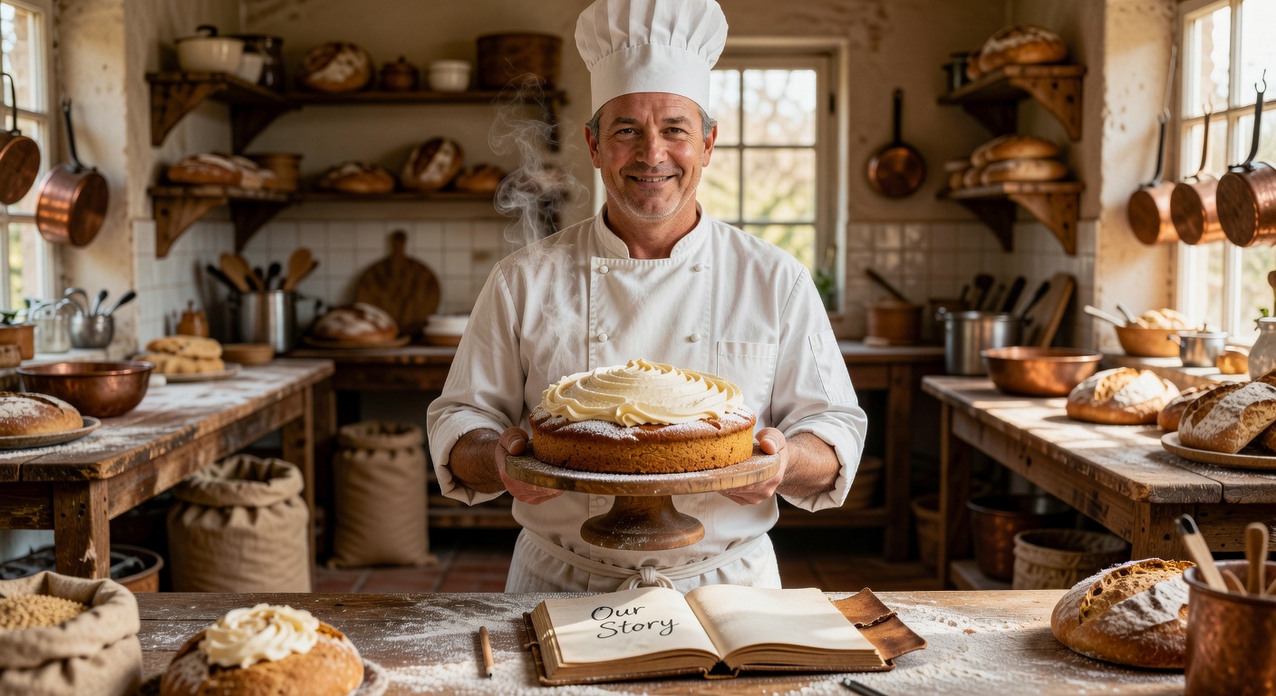 Head baker proudly presenting a freshly baked cake