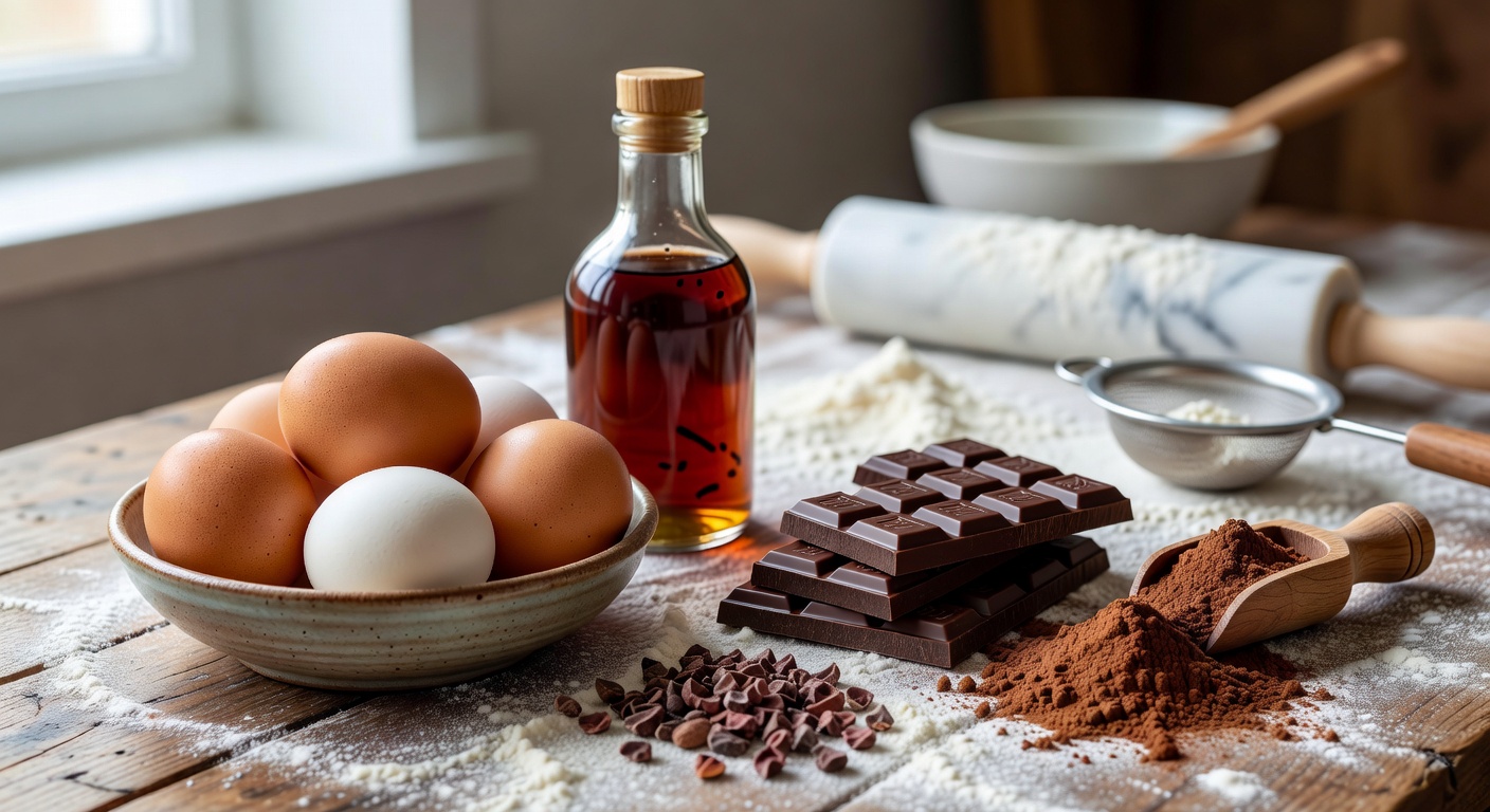 High quality baking ingredients like fresh eggs, vanilla, and premium chocolate