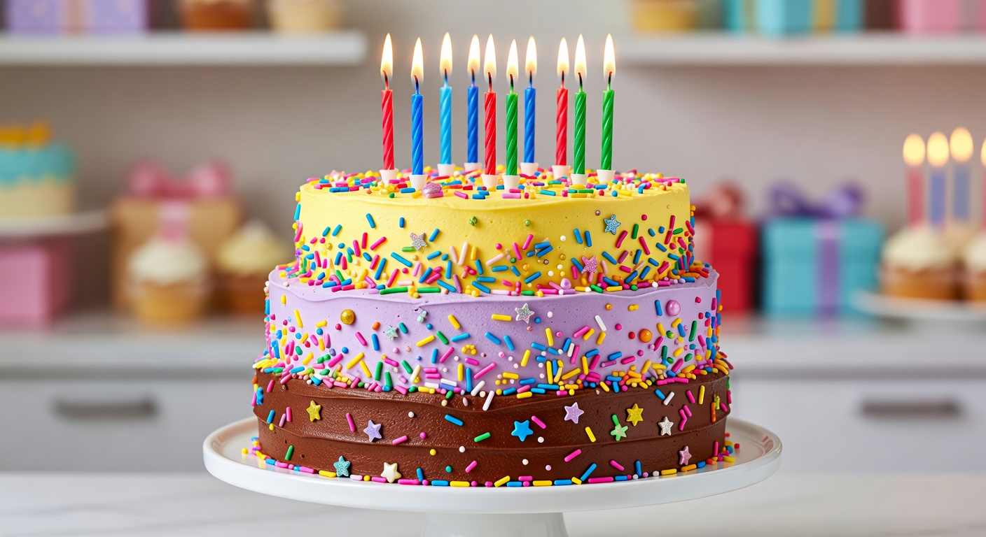 Colorful birthday cake with sprinkles and candles