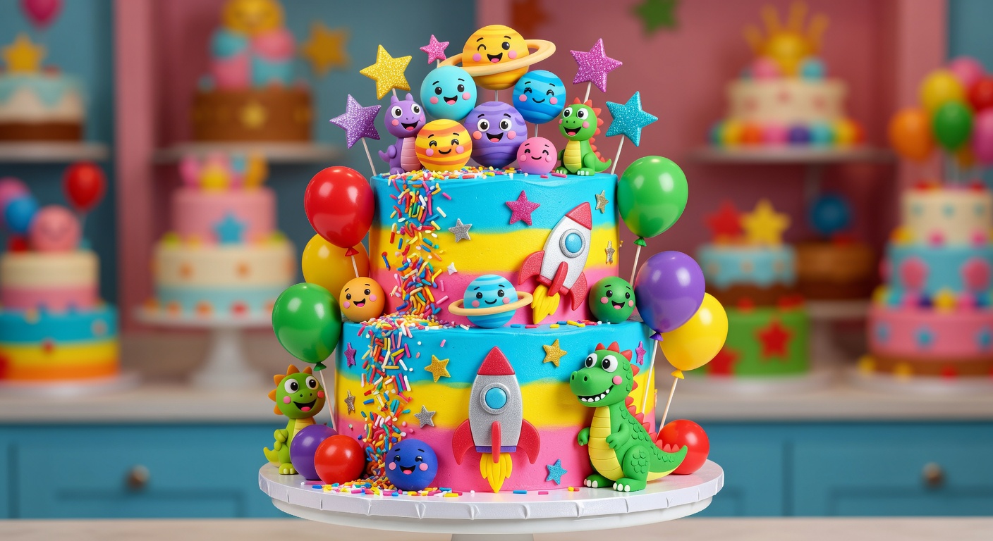 Fun themed cake for kids with bright decorations