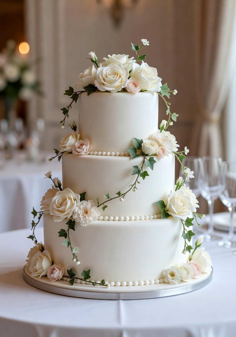 Elegant white tiered wedding cake with floral decorations
