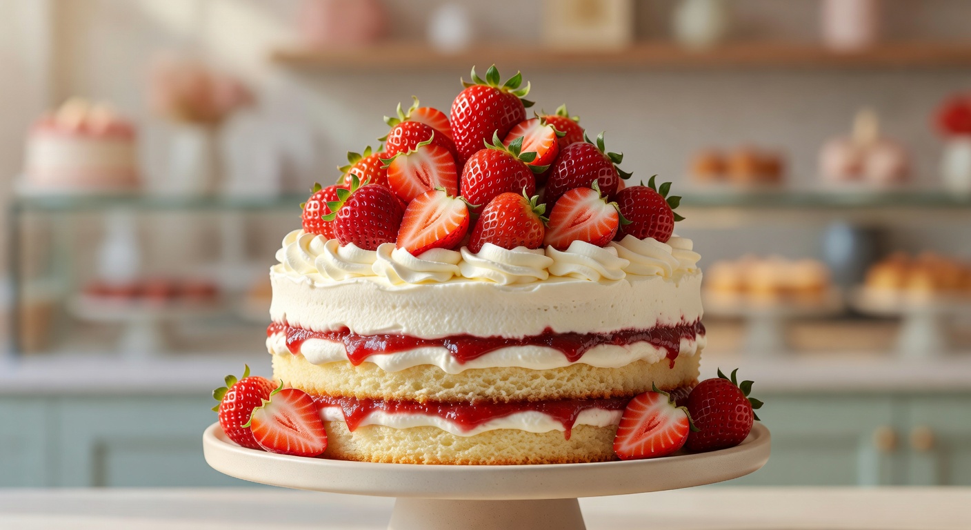 Beautiful fresh handmade strawberry cake with a soft background