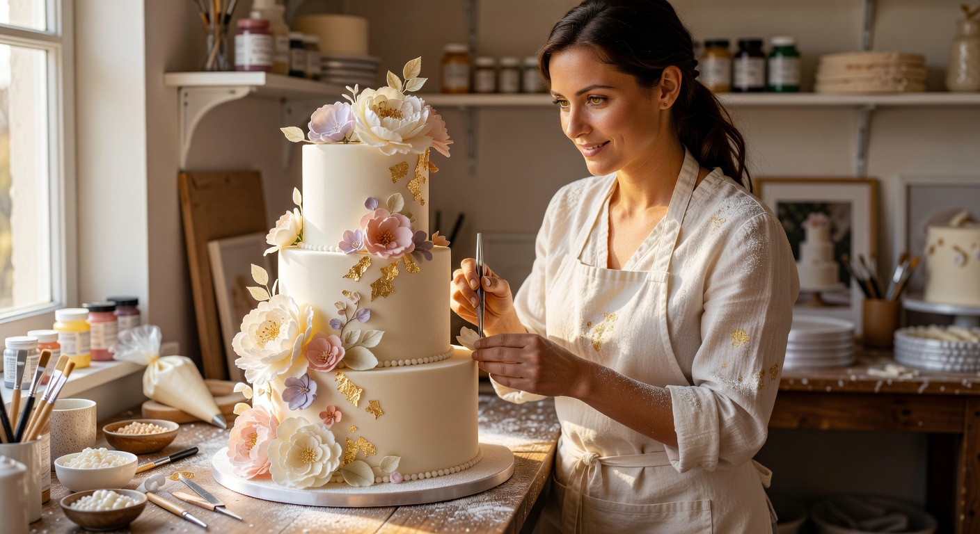 A cake artist decorating a bespoke custom cake