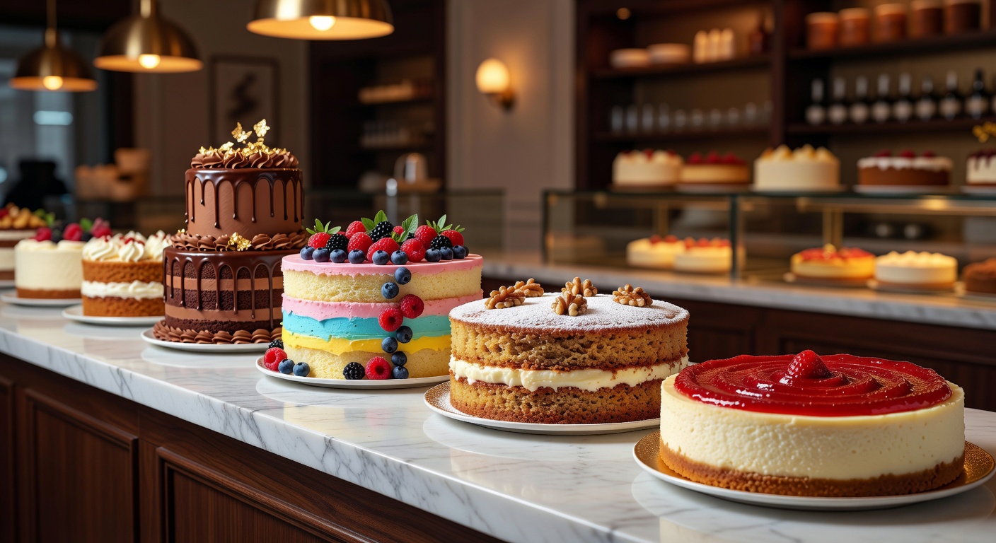 A variety of beautifully decorated cakes on display